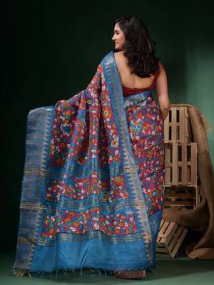 Magenta Silk Blend Handwoven Soft Saree With Floral Print 4