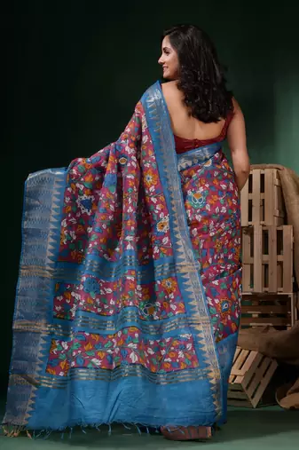 Magenta Silk Blend Handwoven Soft Saree With Floral Print