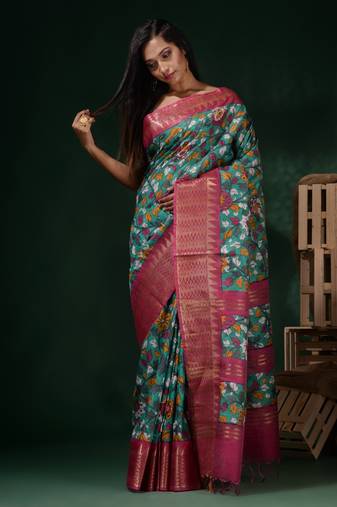 Sea Green Silk Blend Handwoven Soft Saree With Floral Print