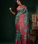 Sea Green Silk Blend Handwoven Soft Saree With Floral Print