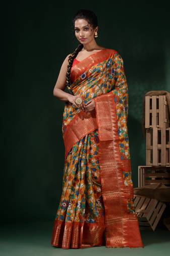 Yellow Silk Blend Handwoven Soft Saree With Floral Print