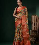 Yellow Silk Blend Handwoven Soft Saree With Floral Print