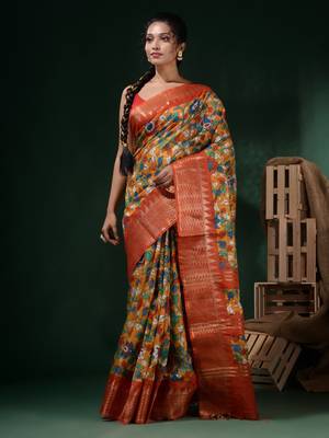 Yellow Silk Blend Handwoven Soft Saree With Floral Print 2