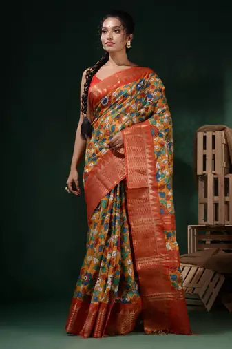 Yellow Silk Blend Handwoven Soft Saree With Floral Print