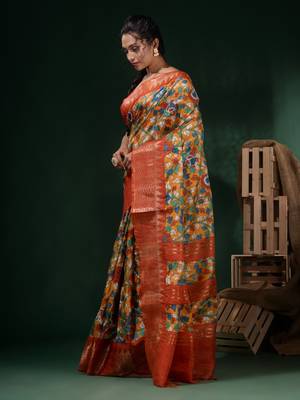 Yellow Silk Blend Handwoven Soft Saree With Floral Print 3