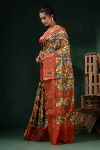 Yellow Silk Blend Handwoven Soft Saree With Floral Print