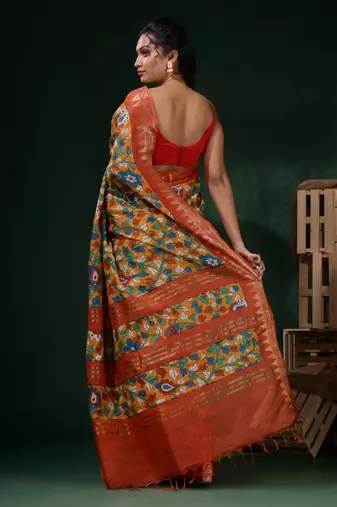 Yellow Silk Blend Handwoven Soft Saree With Floral Print