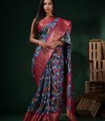 Sky Blue Silk Blend Handwoven Soft Saree With Floral Print