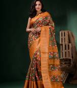 Brick Red Silk Blend Handwoven Soft Saree With Floral Print