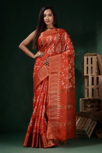 Rust Silk Blend Handwoven Soft Saree With Block Print