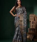 Dark Grey Silk Blend Handwoven Soft Saree With Block Print