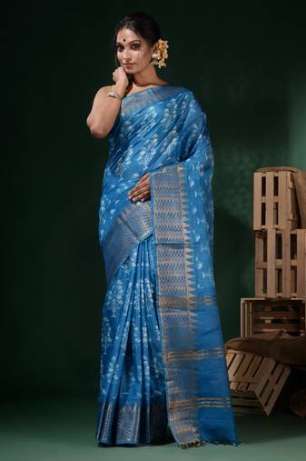 Sky Blue Silk Blend Handwoven Soft Saree With Block Print