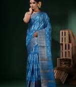 Sky Blue Silk Blend Handwoven Soft Saree With Block Print