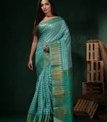 Sea Green Silk Blend Handwoven Soft Saree With Checked Print