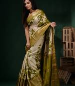White Silk Blend Handwoven Soft Saree With Foliage Print