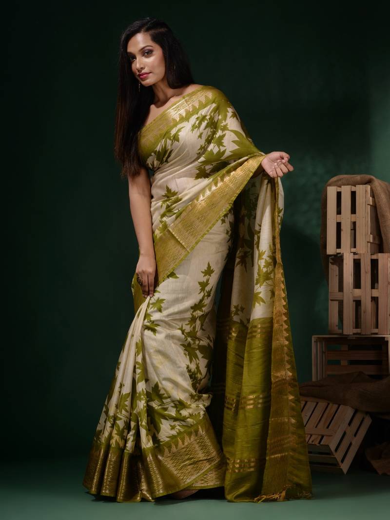 White Silk Blend Handwoven Soft Saree With Foliage Print