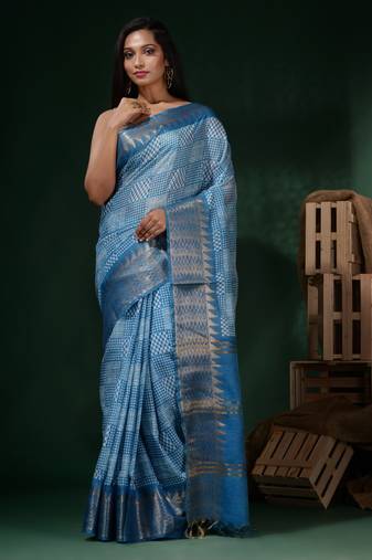 Sky Blue Silk Blend Handwoven Soft Saree With Texture Block Print