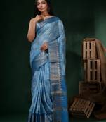 Sky Blue Silk Blend Handwoven Soft Saree With Texture Block Print