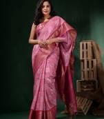 Pink Silk Blend Handwoven Soft Saree With Texture Block Print