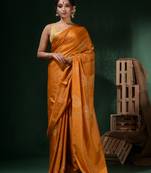 Ochre Yellow Silk Blend Handwoven Soft Saree With Block Print