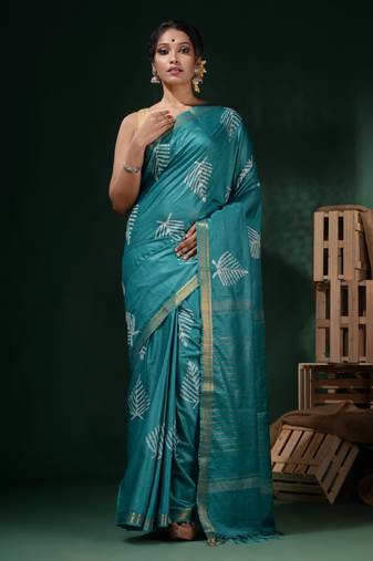 Turquoise Blue Silk Blend Handwoven Soft Saree With Block Print