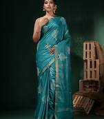 Turquoise Blue Silk Blend Handwoven Soft Saree With Block Print
