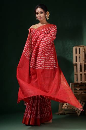 Red Silk Blend Handwoven Soft Saree With Block Print