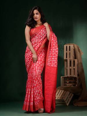 Crimson Red Silk Blend Handwoven Soft Saree With Block Print 1
