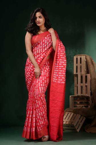 Crimson Red Silk Blend Handwoven Soft Saree With Block Print