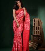 Crimson Red Silk Blend Handwoven Soft Saree With Block Print