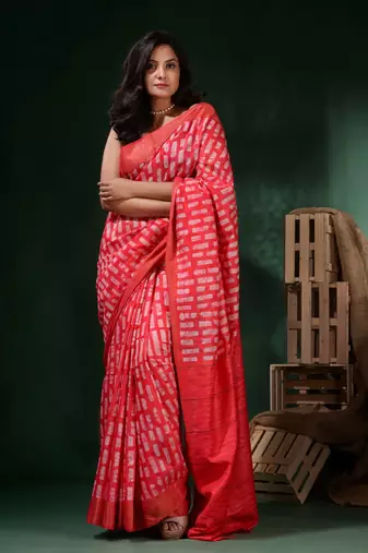 Crimson Red Silk Blend Handwoven Soft Saree With Block Print