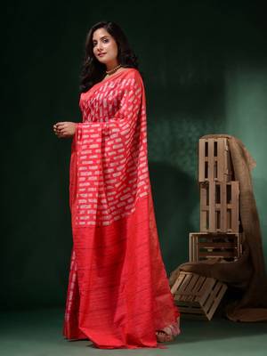 Crimson Red Silk Blend Handwoven Soft Saree With Block Print 3