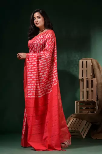 Crimson Red Silk Blend Handwoven Soft Saree With Block Print