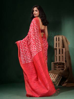 Crimson Red Silk Blend Handwoven Soft Saree With Block Print 4