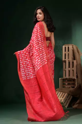 Crimson Red Silk Blend Handwoven Soft Saree With Block Print