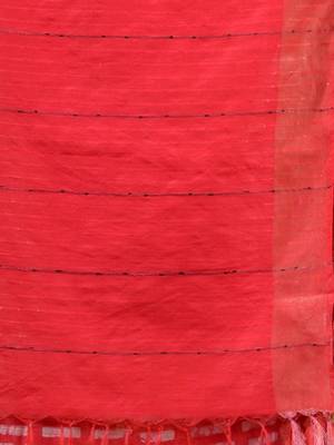 Crimson Red Silk Blend Handwoven Soft Saree With Block Print 5