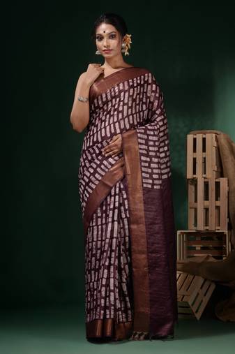 Chocolate Brown Silk Blend Handwoven Soft Saree With Block Print