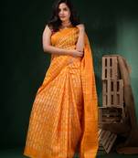Bright Yellow Silk Blend Handwoven Soft Saree With Block Print