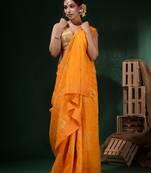 Bright Yellow Silk Blend Handwoven Soft Saree With Batik Print