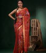 Red Silk Linen Handwoven Saree With Floral Work