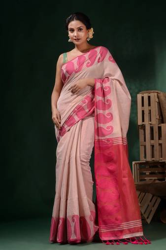 Pinkish White Tissue Handwoven Saree With Paisley Borders