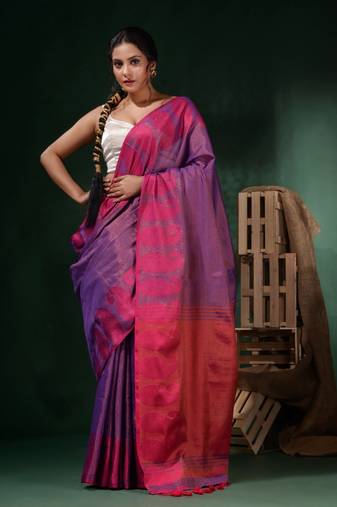 Violet Tissue Handwoven Saree With Paisley Borders
