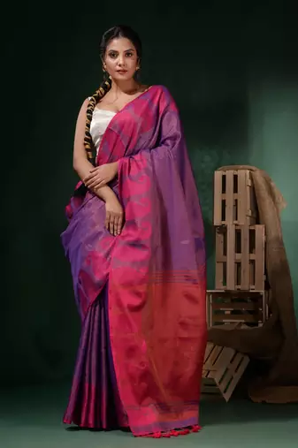 Violet Tissue Handwoven Saree With Paisley Borders
