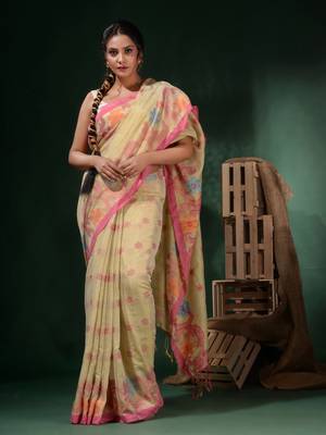 Off White Tissue Handwoven Soft Saree With Floral Designs 1