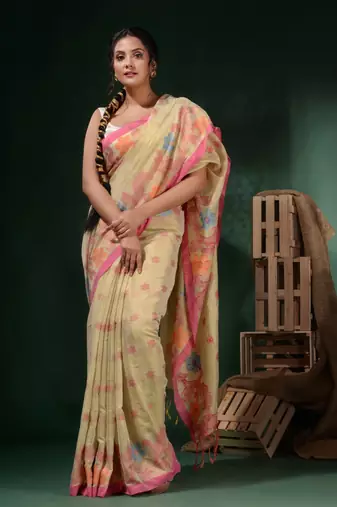 Off White Tissue Handwoven Soft Saree With Floral Designs