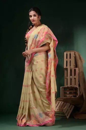 Off White Tissue Handwoven Soft Saree With Floral Designs