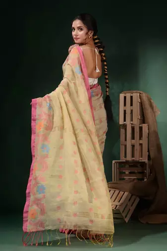 Off White Tissue Handwoven Soft Saree With Floral Designs