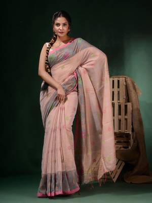 Adobe Pink Tissue Handwoven Soft Saree With Floral Designs 1