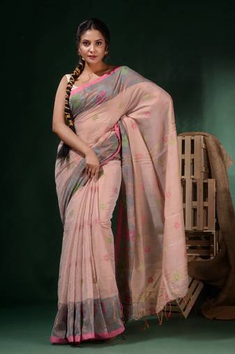 Adobe Pink Tissue Handwoven Soft Saree With Floral Designs