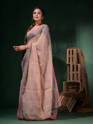 Adobe Pink Tissue Handwoven Soft Saree With Floral Designs 3